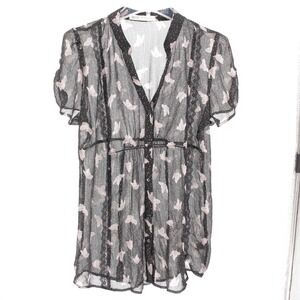 Kirra Women's‎ Black Butterfly Print Sheer Lace Trim Button Down Top Size Large